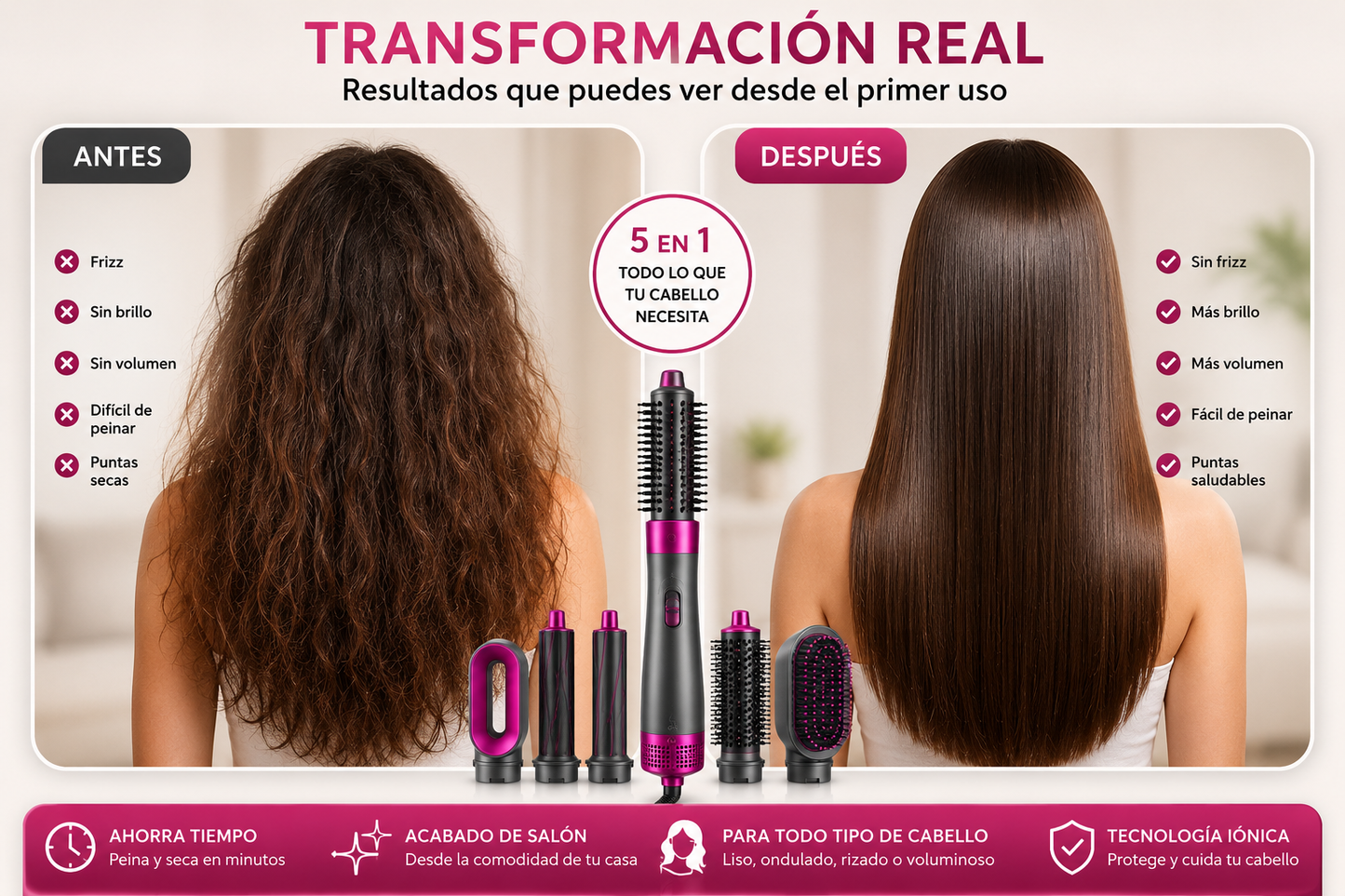 Cepillo Secador 5 en 1 Profesional | Seca, Alisa, Da Volumen y Moldea tu Cabello