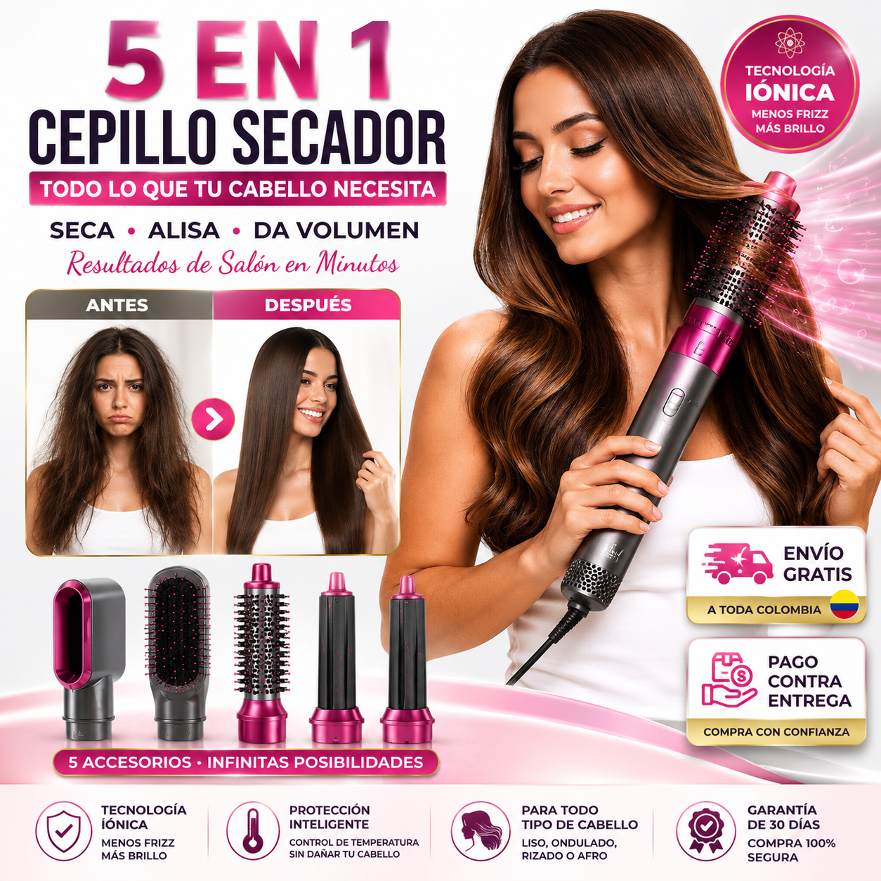 Cepillo Secador 5 en 1 Profesional | Seca, Alisa, Da Volumen y Moldea tu Cabello
